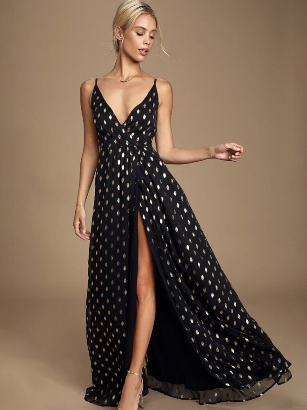 Lulus Galaxy Lights Black and Gold Polka Dot Sleeveless Maxi Dress​ NWT